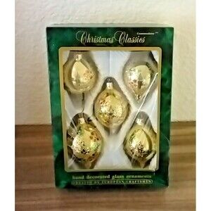 5 VTG Commodore Christmas Classics Glass Ornaments White w/Red Swag Glittery